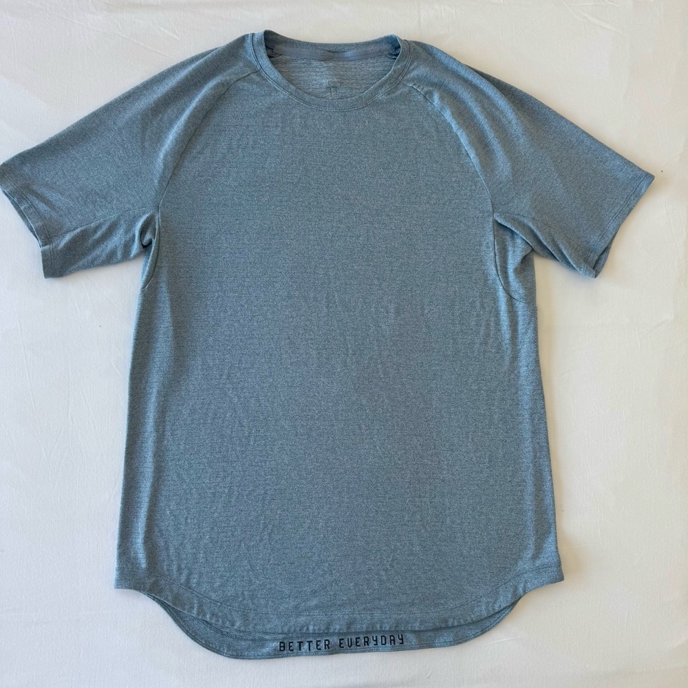 LULULEMON Mens Drysense Short Sleeve Heathered Blue Gym Run Training Crew. Large